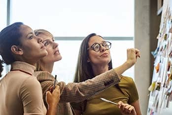Three women collaborating using post-its on a board.