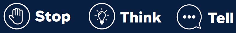 icon hand - stop, icon light bulb - think, icon talk bubble - tell. 